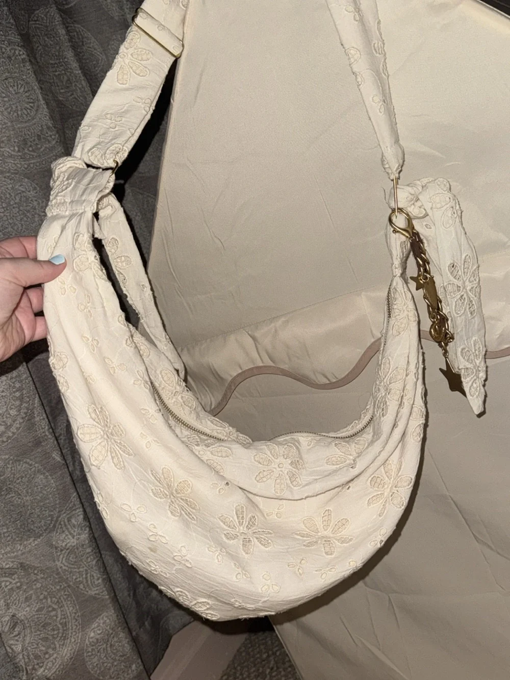 American Eagle Outfitters Cream Floral Embroidered Hobo Bag